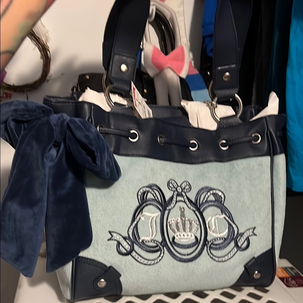 Juicy Couture Blue Tote Bag with ribbon and rhinestone Design